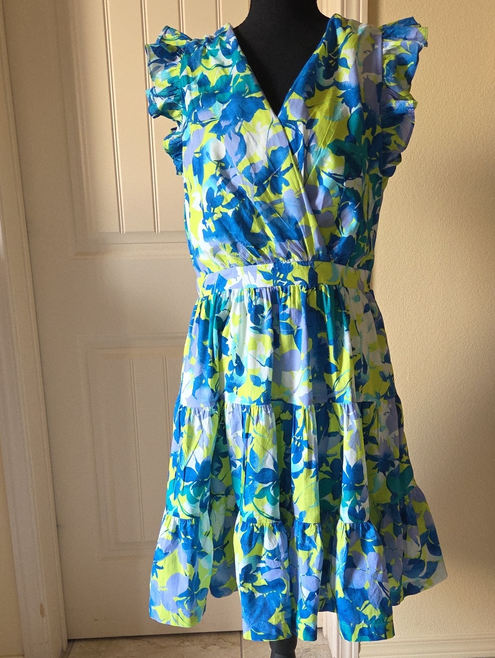 Taylor Blue & Lime Green Floral Wrap Mini Dress, Size L